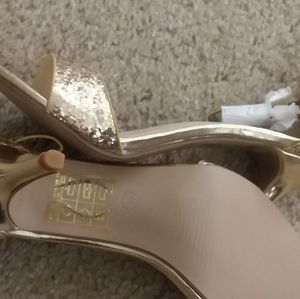 Gold glitter ankle-strap heels